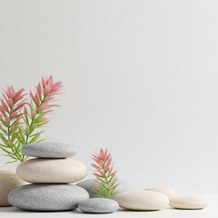 Spa stones, pink plants, and a white bottle on a light background.