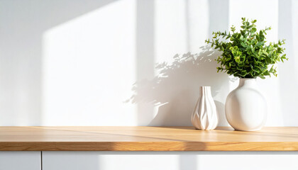modern wooden countertop showcases minimalist design with white vase and green plant, creating serene and inviting atmosphere. soft sunlight casts gentle shadows, enhancing peaceful ambiance