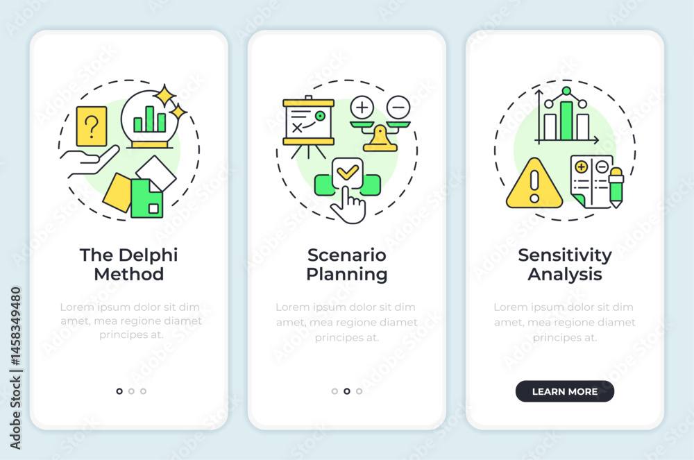 Poster workforce forecasting methods onboarding mobile app screen. hr analytics. walkthrough 3 steps editab