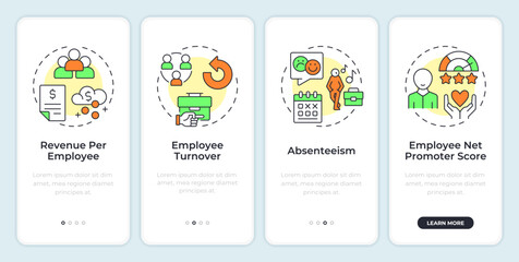 Performance and engagement onboarding mobile app screen. HR management. Walkthrough 4 steps editable graphic instructions with linear concepts. UI, UX, GUI. Montserrat SemiBold, Regular fonts used