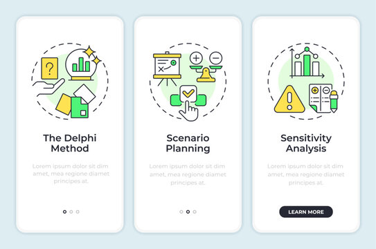 Workforce forecasting methods onboarding mobile app screen. HR analytics. Walkthrough 3 steps editable graphic instructions with linear concepts. UI, UX, GUI. Montserrat SemiBold, Regular fonts used