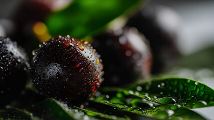Fresh jaboticaba fruits with water droplets, resting on white background with green leafage for added impertinence