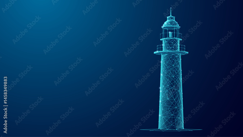 Leinwandbilder Abstract digital lighthouse consists of connected dots and thin lines on a technology blue background. Business vision concept. Night silhouette of lighthouse. Wireframe low poly vector illustration.