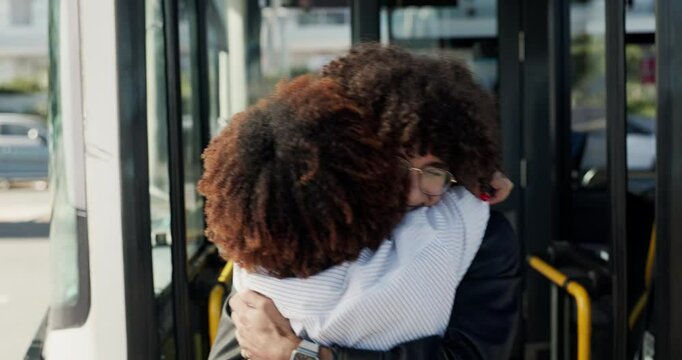 Bus stop, hug and couple greeting in city after travel, commute and journey to visit. Public transport, passenger service and back of woman and man embrace for bonding, relationship and happy in town