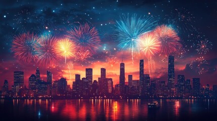 Spectacular Fireworks Over City Skyline at Night