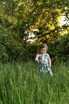 girl toddler standing in the hight grass, touching grass, looking down