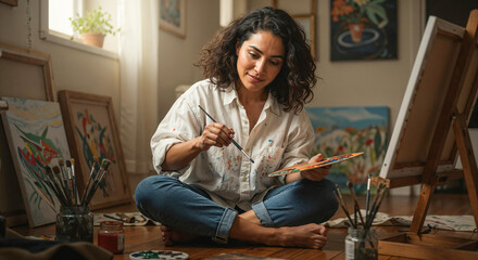 Female artist mixing colors on palette while painting