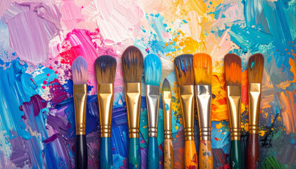 paint brushes arranged in row against colorful abstract background, showcasing variety of hues and textures. scene evokes creativity and artistic expression
