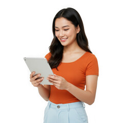 Naklejka premium Woman using tablet device isolated on white background