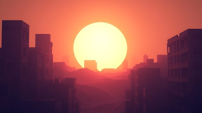 Dramatic Sunset over Silhouetted Cityscape Buildings at Dusk Orange Sky and Large Sun
