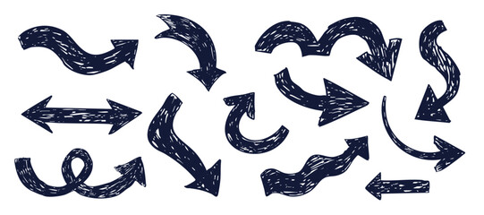 Thick arrow crayon or chalk drawing sketch grunge textured set. Different directions simple curve shape. Pencil, marker, pastel scribble