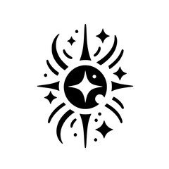 Minimalist Celestial Symbol: Sunburst with Starry Elements, Black & White