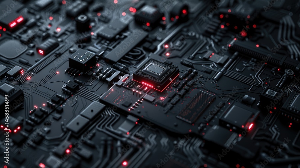 Aufkleber abstract futuristic black circuit board with glowing elements. digital artwork of electric circuit w