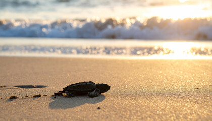 baby sea turtle crawls across sandy beach towards ocean, illuminated by warm glow of sunset. scene captures delicate journey of this tiny creature, evoking sense of hope and wonder