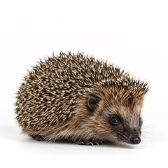 Fototapeta premium A small European hedgehog with brown and cream spines walking, isolated on a white