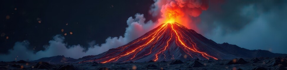 Abstract volcanic eruption; swirling smoke, ash, dark background, background, geology, intense