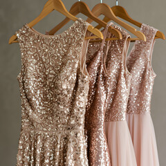 Rose Gold Bridesmaid Dresses: Sparkling Sequins and Flowing Tulle on transparent background