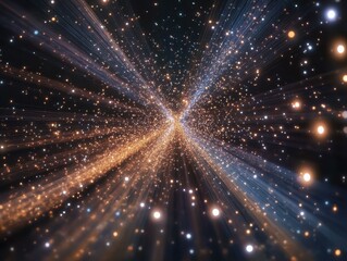 Celestial Nexus: An awe-inspiring image showcasing a dynamic, star-studded sky with a mesmerizing network of light rays emanating from a central point.