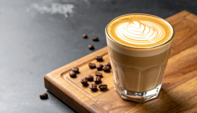 beautifully crafted cortado coffee with intricate latte art sits in glass on wooden board, surrounded by roasted coffee beans, evoking warm and inviting atmosphere