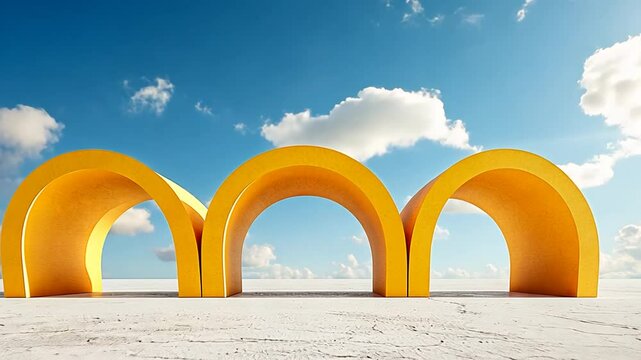 Minimalist golden arches structure against a blue sky and clouds landscape view