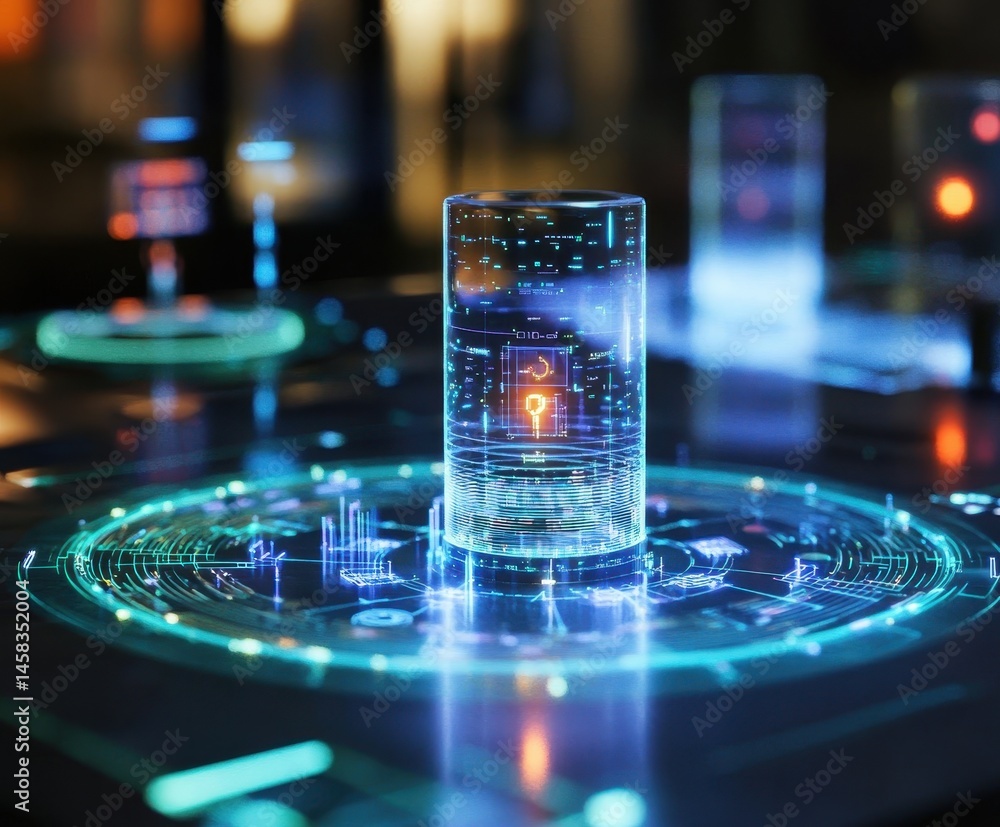 Poster cybersecurity in the future : a futuristic technology setup showcases a holographic data container, 