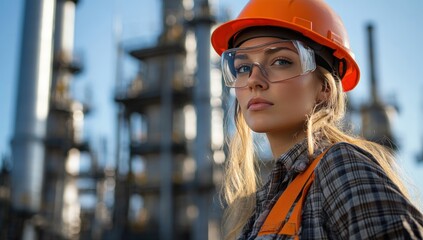 Female engineer in safety gear at a refinery