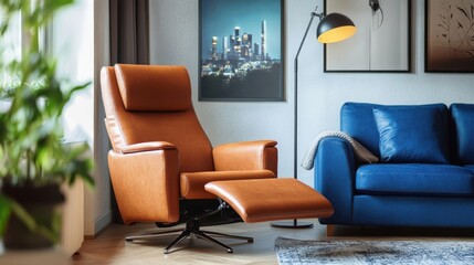 Brown leather recliner and blue sofa in a cozy apartment setting