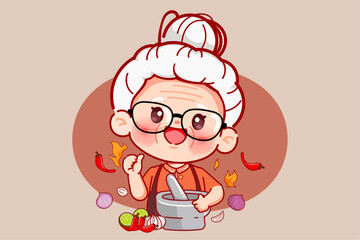 Cute cartoon chef elderly woman for logo cartoon. Street food Logo design premium vector.