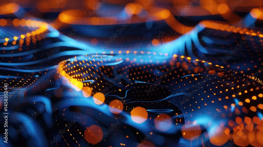 Poster abstract glowing wireframe waves on a dark background. digital art for design of global connection w