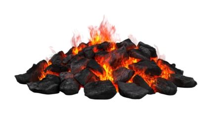 Fiery Lava Eruption Surrounded by Dark Rocks and Crystals on a Transparent Background