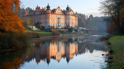 Obraz premium Majestic castle reflected in calm autumnal waters, surrounded by lush greenery