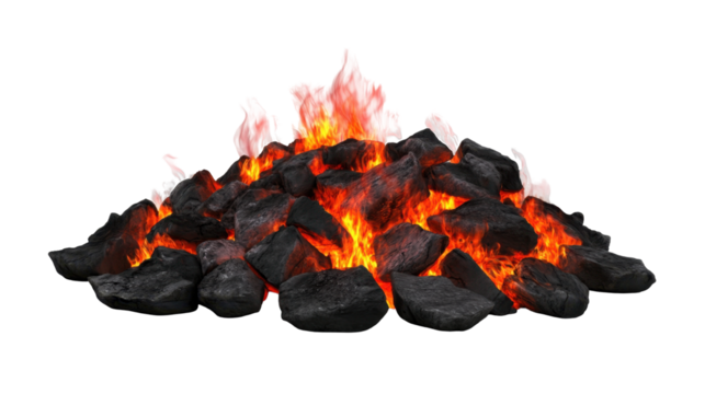 Fiery Lava Eruption Surrounded by Dark Rocks and Crystals on a Transparent Background