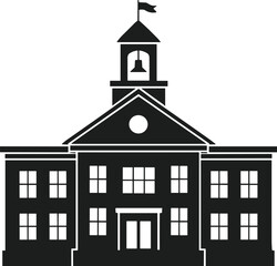 Obraz premium Silhouette of School Building with Bell Tower and Flag – Vector Back to School Illustration