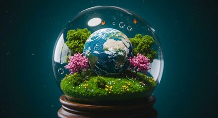Miniature Earth Globe in a Glass Dome with Blooming Trees and Butterflies: A Symbol of Environmental Protection
