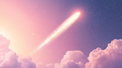 Fototapeta premium Celestial Brilliance: A vibrant meteor streaks across the twilight sky, leaving a luminous trail against the backdrop of fluffy clouds.
