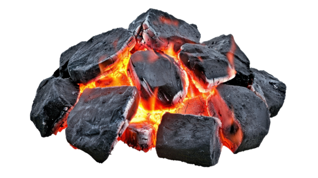 Glowing Charcoal Coals Emitting Heat and Light with Bright Orange and Red Embers on Dark Background