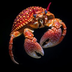 Close up of a hermit crab with red claws and a striped shell, set against a black background