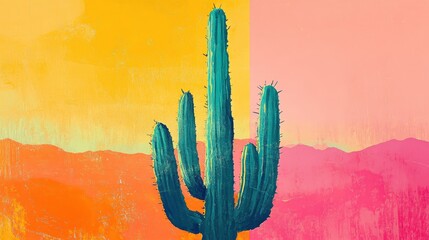 Desert Cactus in Vibrant Hues: A majestic saguaro cactus stands tall against a backdrop of vibrant, abstract desert landscape. The bold colors and simple composition create a striking visual.