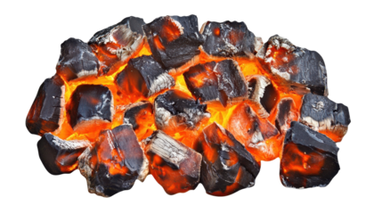 Glowing Charcoal Embers with Radiant Orange and Black Textures on a Transparent Background