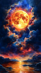 A vibrant, fiery orange moon dominates a dark, cloud-filled night sky above a calm, reflective body of water at sunset