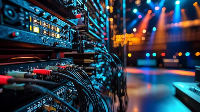 Backstage Audio Setup with Cables and Equipment for Stage Performance and Concerts