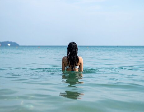 青く澄んだ海で夏を満喫する水着女性の後ろ姿が映える南国ビーチの癒しリゾート風景