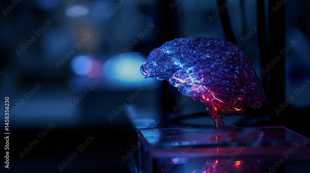 Poster futuristic neon lit wit modeling in science lab.