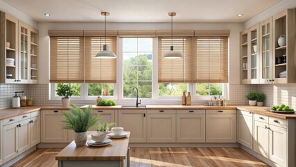 Fototapeta premium Beige blackout roller blind on windows in stylish modern kitchen with shutters on plastic window, creating a cozy and intimate ambiance , home decor, modern kitchen