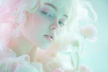 Dreamy Pastel Aesthetic Portrait of a Fashion Model with Matching Soft Makeup, Stylish Outfit, and Floral Bouquet Set Against a Blurred Multicolor Pastel Gradient Backdrop.