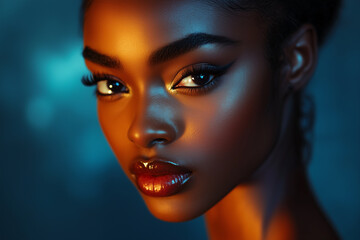 Dramatic Studio Photo of a Glamorous Model Featuring Intense Shadows, Bold Beauty Look, and Sleek Hairstyle.