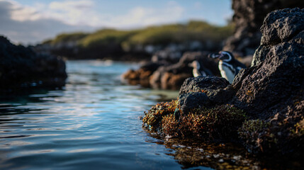 Galapagos penguin perched on rocks by the water, offering a glance into their natural habitat on tintoreras, isabela island.