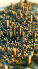 A detailed miniature cityscape at sunset, showcasing diverse building heights and warm tones