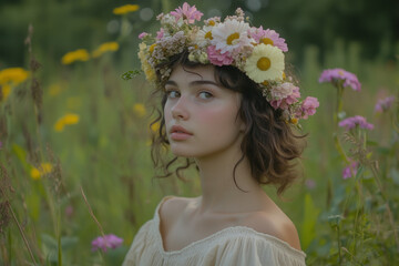 Dreamy Young Woman in a Flowing Dress Wearing a Delicate Floral Crown Standing in a Sunlit Meadow Surrounded by Bright Wildflowers.