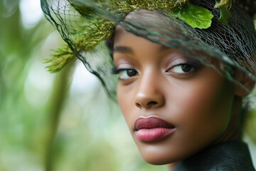 Eco-Conscious Style Portrait of Young Woman in Ethical Natural Fabric Clothing Surrounded by Blurred Green Nature for Organic Fashion Branding.